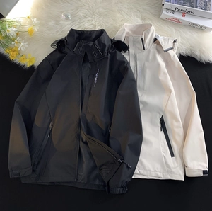 Men's high-street outdoor techwear jackets in black and beige with explore logo