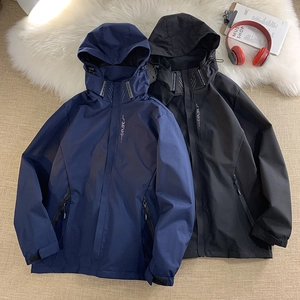 Navy and black American techwear outdoor hooded jackets with Explore print