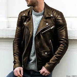 Men's brown retro motorcycle leather jacket with stand collar and zipper pockets