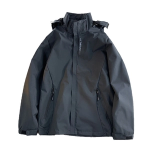 Men's dark gray hooded tactical outdoor jacket with EXPLORE print and zip pockets