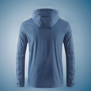 Back view of men's blue hooded sun protection jacket with elastic cuffs and logo