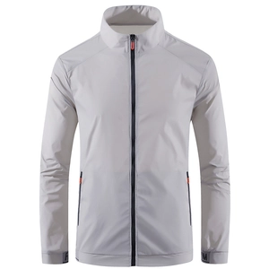 Men's light grey sun protection jacket with stand collar and orange zipper details