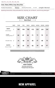 Detailed size chart for men's hooded jacket with chest, length, and shoulder measurements