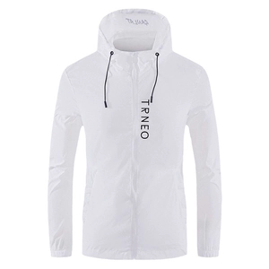 Men's white lightweight ice silk sun protection jacket with hood and TRNEO logo print