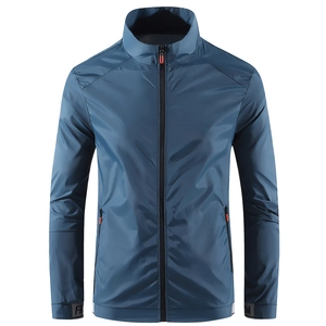 Men's navy blue sun protection jacket with stand collar and 'FREEDOM' sleeve print