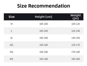 Size chart for men's lightweight quick-dry casual shorts from size M to 4XL