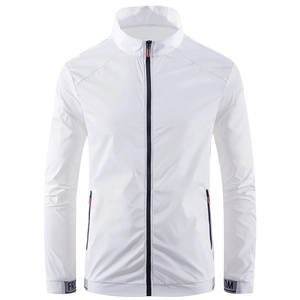 Men's lightweight white sun protection jacket with stand collar and zipper pockets