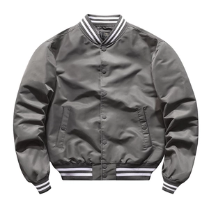 Men's dark gray baseball jacket with striped ribbed trims and classic button closure