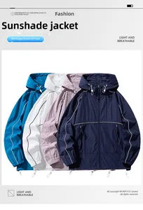 Flat lay of multiple ice-silk sun protection hoodies in dark blue, purple, white and blue