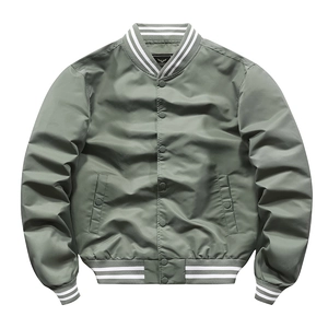 Sage green bomber jacket with ribbed collar and snap button closure for men and women