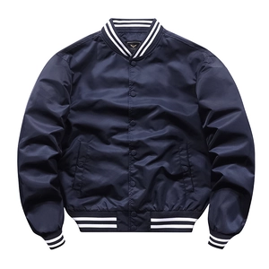 Classic navy blue varsity jacket with striped ribbed trims and snap button closure