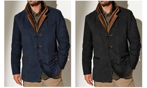 Detail of suede business jacket showing contrast leather collar and button closure