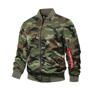 Bombardier Camouflage pour Hommes Veste de Vol MA1 en Nylon Coupe-Vent Vêtement d'Extérieur Décontracté Style Militaire Avec Ruban