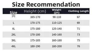 Men's casual jacket size guide with height, weight, and length in cm for sizes M to 4XL