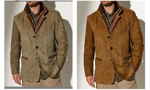 Detail of vintage suede jacket featuring leather contrast collar and functional side zipper pocket