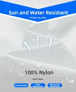 Close-up of 100% nylon waterproof fabric showing hydrophobic water droplets on sun shirt