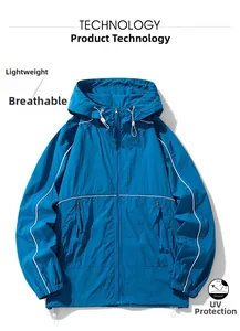 Detail of royal blue hooded sun protection jacket with drawstring and full zip closure