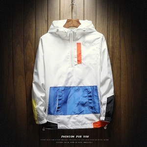 Men's color block hooded anorak jacket with stylish white blue and orange contrast