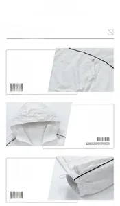 Detail view of white sun protection jacket featuring elastic cuffs and zipper pockets