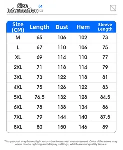 Detailed size chart for sun protection hoodie showing dimensions from M up to 8XL in CM