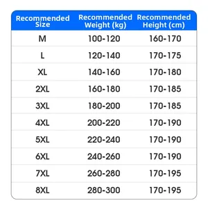 Size chart detail for loose hooded sun protection coat from M to 8XL plus sizes