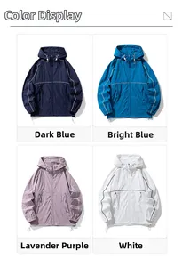 Multiple color options for hooded sun protection jackets in navy, teal, purple and white
