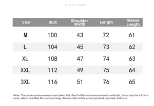 Detailed size chart for men's striped shirt with measurements from M to 3XL in cm