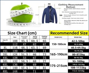 Detailed size chart for men business casual jacket including chest and sleeve measurements