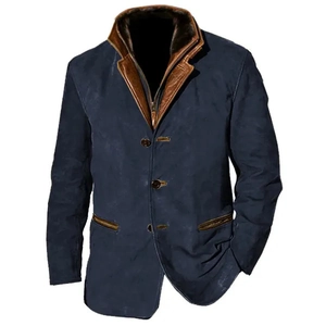 Detail view of the vintage jacket contrast collar in brown leather and dark blue canvas