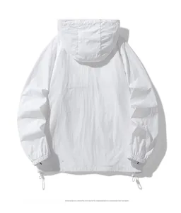 Rear view of white hooded sunscreen jacket showing ripple texture and drawstring hem