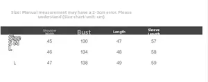 Size chart showing chest, shoulder, and length measurements for the winter down jacket