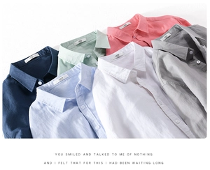 Detailed close-up showing six colors of breathable linen shirts with premium textures