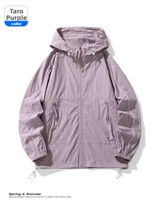 Close-up of taro purple lightweight hooded sun protection jacket with reflective piping