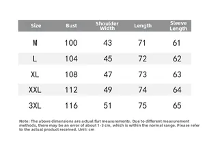 Size chart for men's long sleeve solid shirt including chest, shoulder, and length measurements
