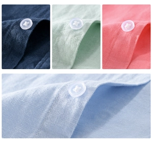 Detailed macro view of linen shirt fabric textures and buttons in four soft colors