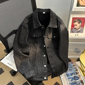 Men's high-street loose zebra pattern denim jacket with vintage workwear pockets
