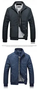 Detail of men's casual stand collar jacket with metal zipper and ribbed cuffs
