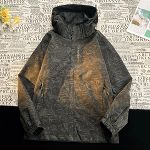 Giacca a Vento Tropical Leaf Camouflage in Fibra di Poliestere con Cappuccio Leggera Cappotto Outdoor per Uomo Donna Coppie