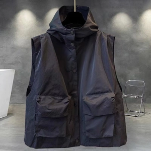 Men's functional hooded cargo vest in deep navy blue with large flap utility pockets