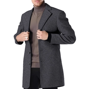 Men's dark grey wool blend mid-length coat with notched lapels and single-breasted buttons