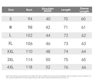 Detailed size chart for men cotton linen long sleeve shirt from size S to 4XL in centimeters