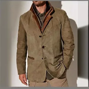 Men's retro olive suede jacket with dark brown leather contrast collar and pockets