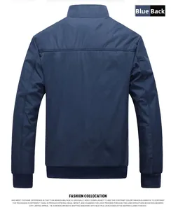 Back view of men's business casual dark blue jacket with ribbed cuffs and hem