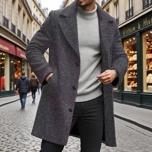 Men's dark grey wool coat with notch lapel and single-breasted three-button design