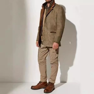 Men's retro brown-green suede jacket with cargo pants and leather boots for outdoor style