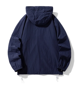 Rear view of lightweight navy blue hooded windbreaker jacket with adjustable drawstrings