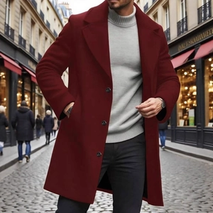 Elegant wine red slim fit trench coat for men with classic notch lapel and three buttons