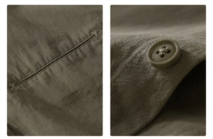 Macro detail of the olive green cotton fabric showing precise buttonholes and resin buttons