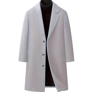 Classic men's long wool blend coat in light grey-blue with a stylish notched lapel