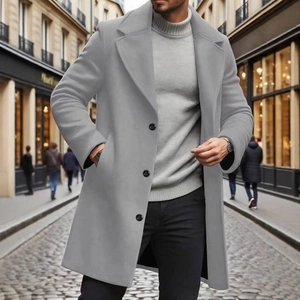 Men's slim fit light grey wool blend overcoat with classic lapel and three-button closure